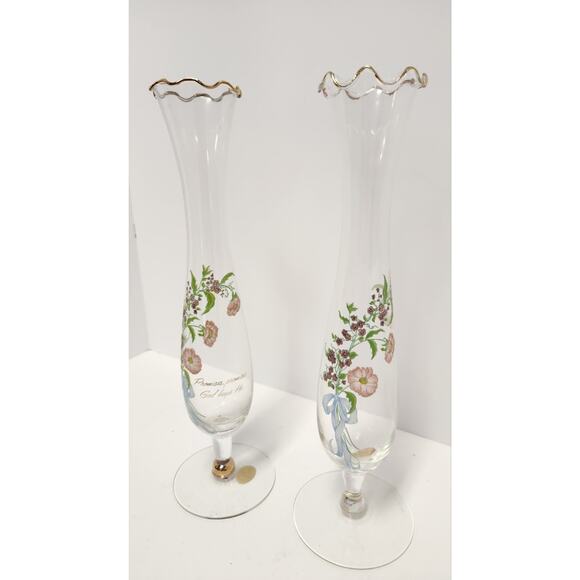 Fenton Glass Bud Vases – 10" Clear Floral Gold Trim – Vintage Pair - Picture 2 of 10